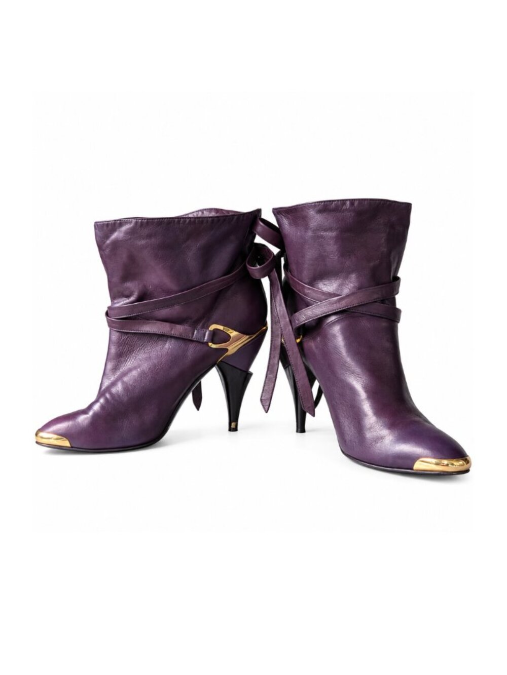 Vintage Purple Genuine Leather Slouch Ankle Boots Gold Toe Cap Wrap Tie EU 40